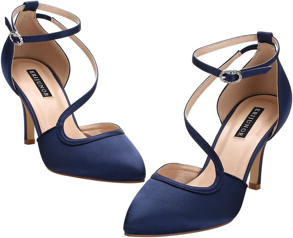 Women Comfortable Mid Heel Ankle Strappy Dress Pumps Pointed Toe Satin Wedding Evening Party Shoes
