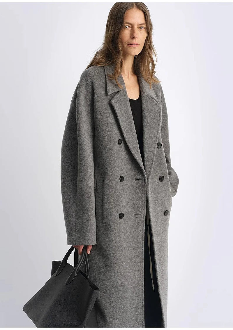 "Lonely Sandbank" Sheep Wool Cashmere Blend Classic Tie Shoulder Sleeve Double-Breasted Coat Jacket Women