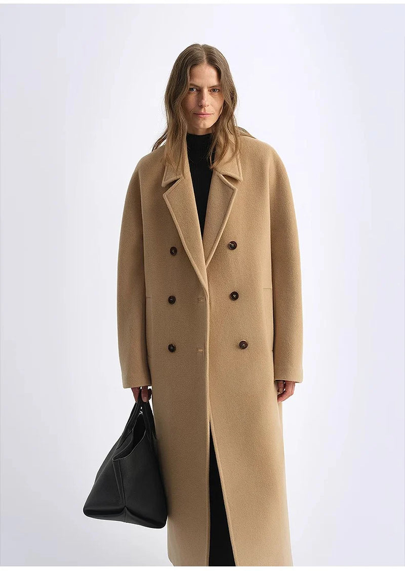 "Lonely Sandbank" Sheep Wool Cashmere Blend Classic Tie Shoulder Sleeve Double-Breasted Coat Jacket Women