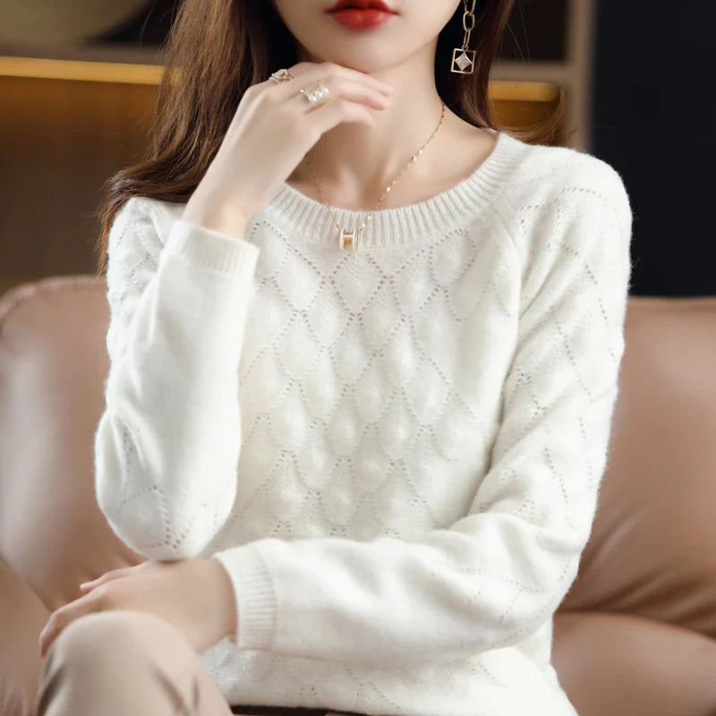 100%Pure Wool/Cashmere Sweater Women O-Neck Knit Large Size Petal Pullover Autumn Winter New Thick Long-Sleeve Shirt 2021 Female