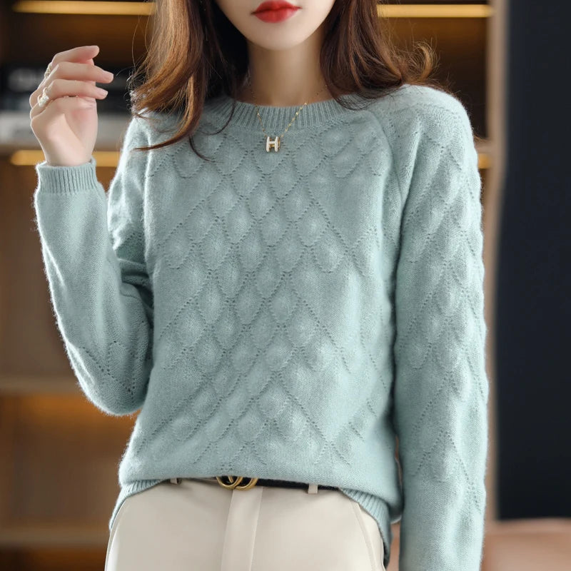 100%Pure Wool/Cashmere Sweater Women O-Neck Knit Large Size Petal Pullover Autumn Winter New Thick Long-Sleeve Shirt 2021 Female