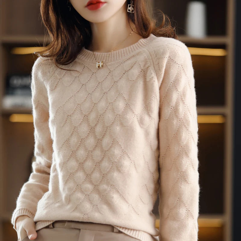 100%Pure Wool/Cashmere Sweater Women O-Neck Knit Large Size Petal Pullover Autumn Winter New Thick Long-Sleeve Shirt 2021 Female
