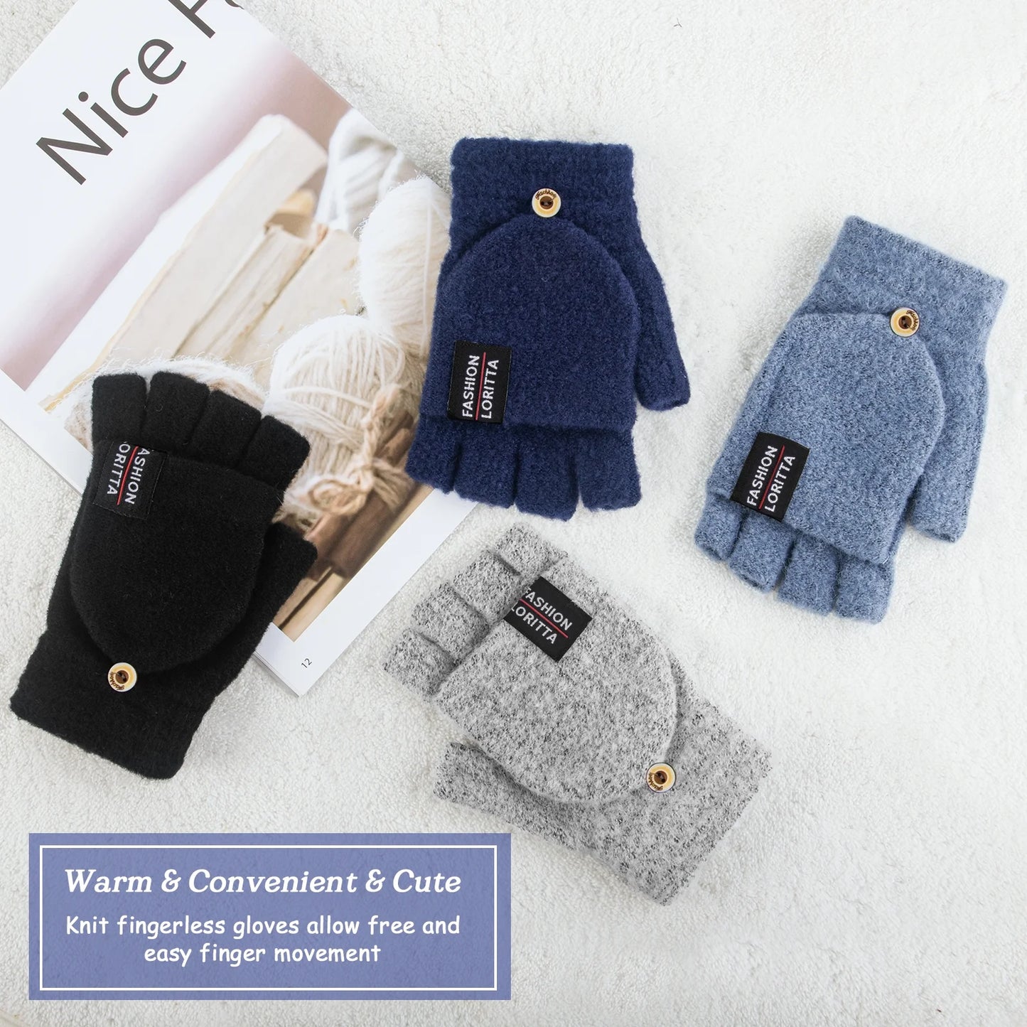 Womens Winter Gloves, 4 Pack Warm Knitted Fingerless Gloves for Women Men Black Gray Blue and Dark Blue