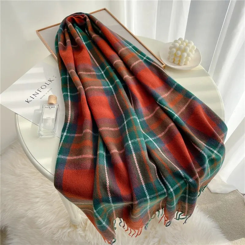 Luxury Plaid Print Warm Travel Scarf Women Cashmere Winter Pashmina with Tassel Shawl Wraps Bufanda Long Casual Echarpe New
