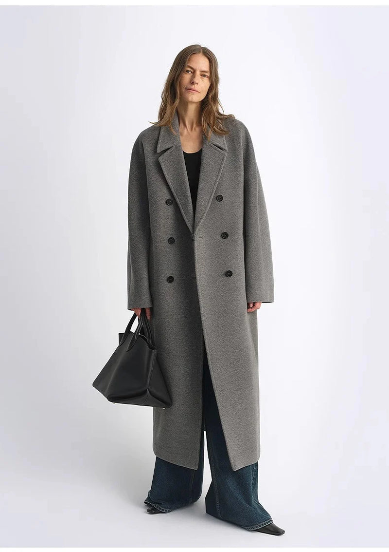 "Lonely Sandbank" Sheep Wool Cashmere Blend Classic Tie Shoulder Sleeve Double-Breasted Coat Jacket Women
