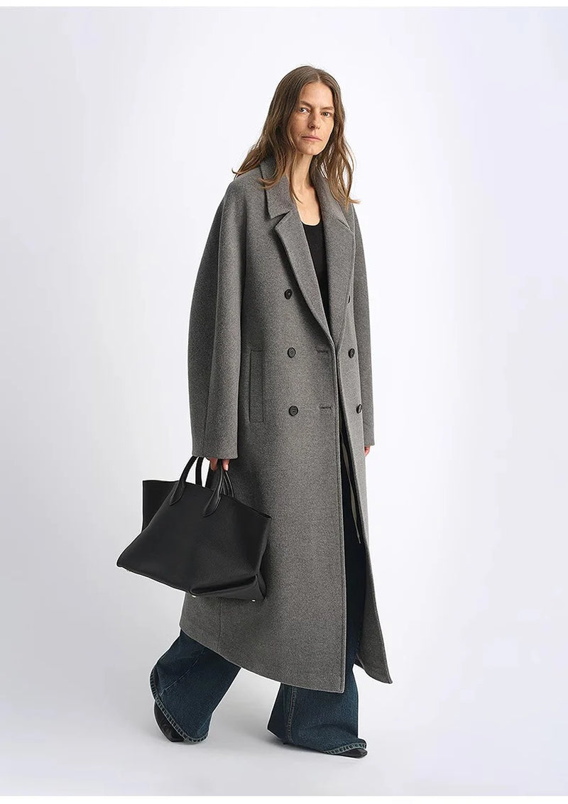 "Lonely Sandbank" Sheep Wool Cashmere Blend Classic Tie Shoulder Sleeve Double-Breasted Coat Jacket Women