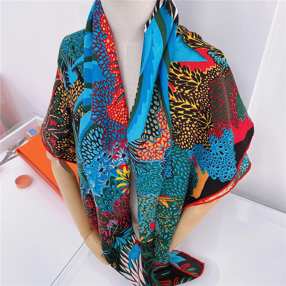 Silk Cashmere Scarf Women Hand Rolled Shawls Zebra Print Square Scarves Wraps Lady Bandana Big Hijabs Female Foulards