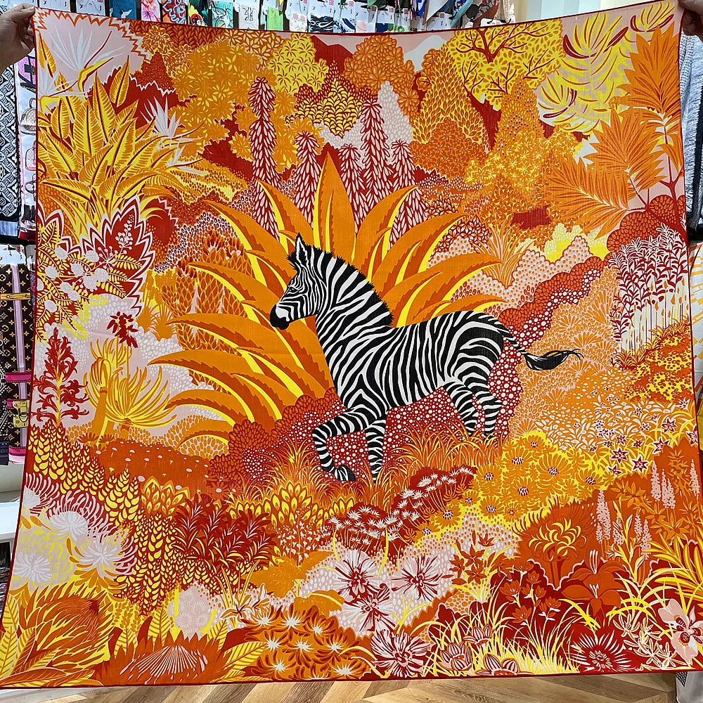 Silk Cashmere Scarf Women Hand Rolled Shawls Zebra Print Square Scarves Wraps Lady Bandana Big Hijabs Female Foulards