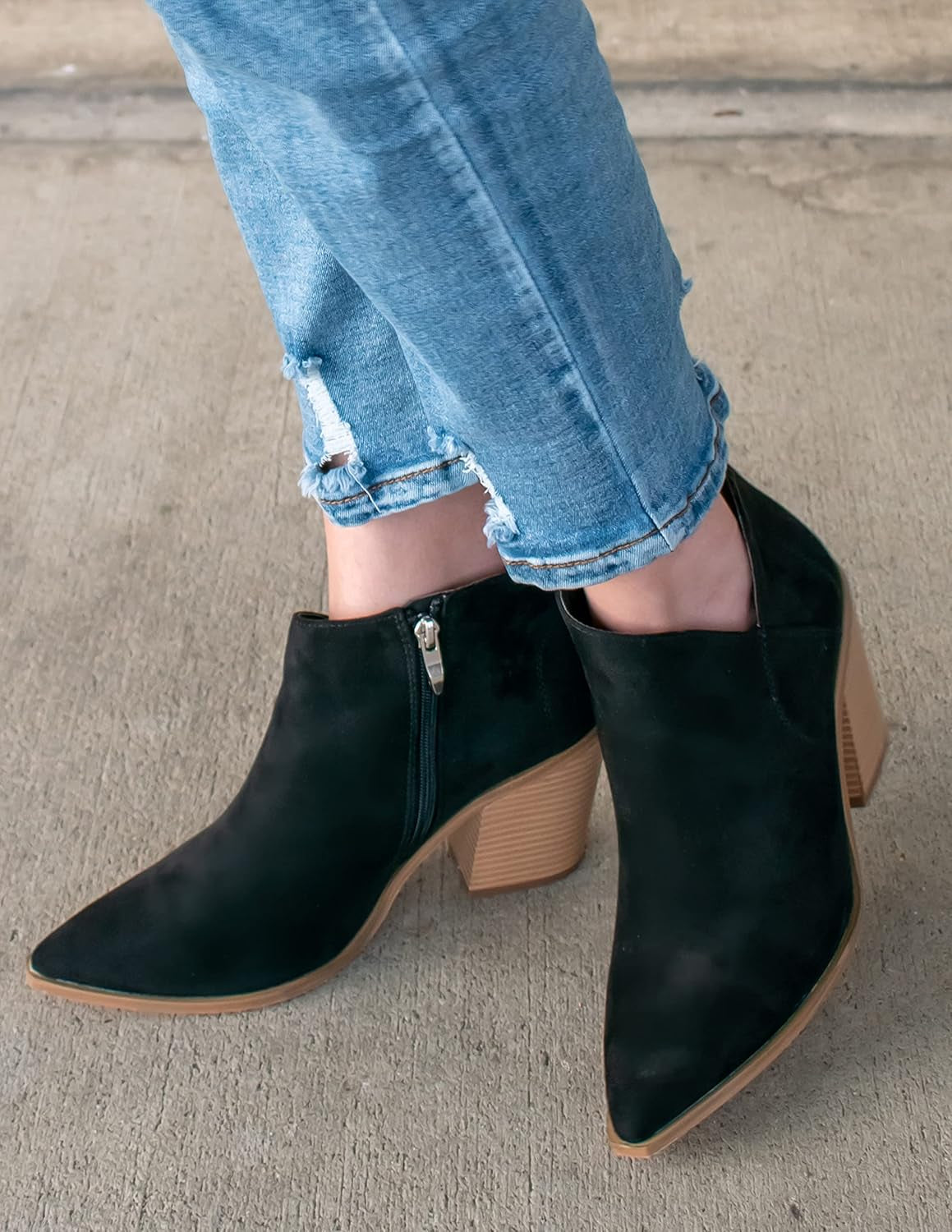 Womens Pointed Toe Ankle Boots Block Stacked Chunky Heel Cutout Side Zipper Fall Booties Shoe