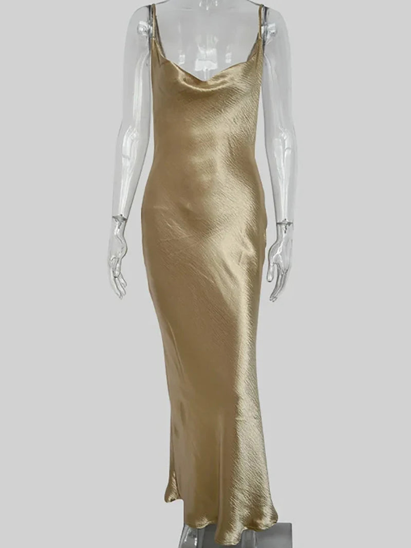 Sexy Spaghetti Strap Backless Maxi Dress Women Satin Lace up Trumpet Evening Dress Elegant Bodycon Party Dresses 2024