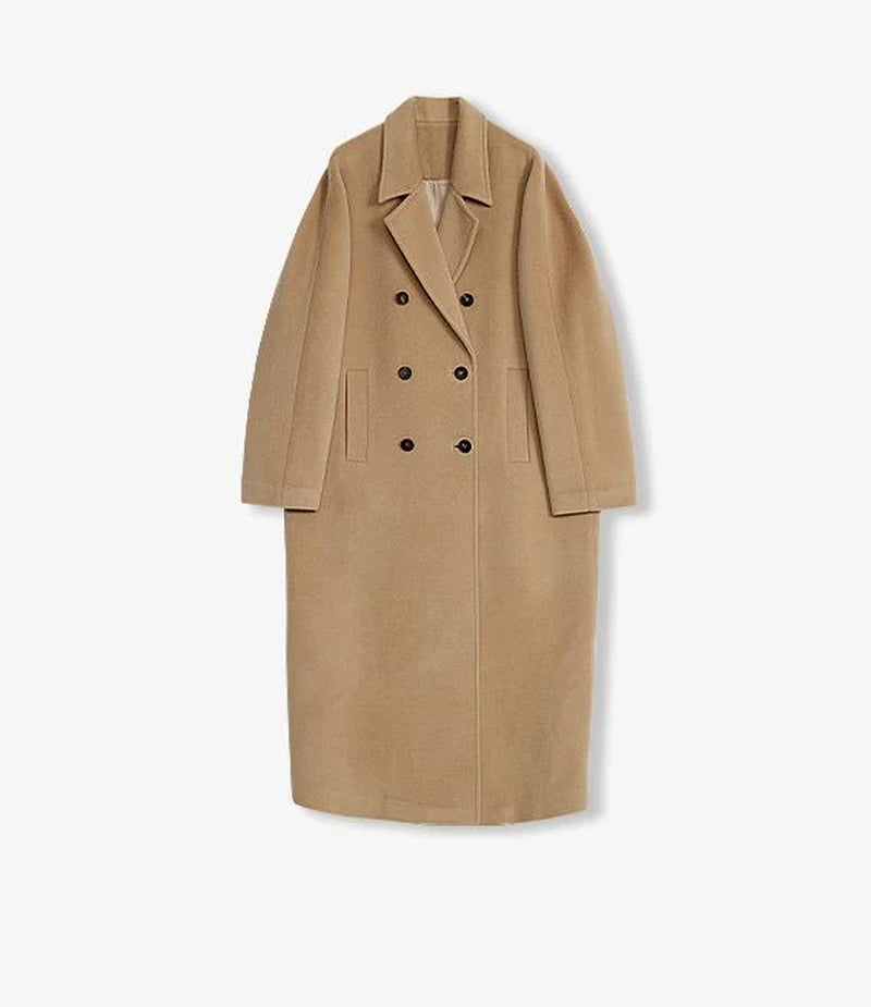 "Lonely Sandbank" Sheep Wool Cashmere Blend Classic Tie Shoulder Sleeve Double-Breasted Coat Jacket Women
