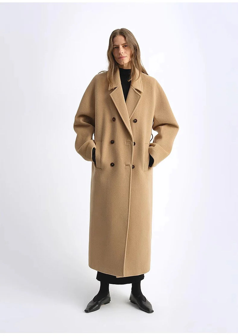 "Lonely Sandbank" Sheep Wool Cashmere Blend Classic Tie Shoulder Sleeve Double-Breasted Coat Jacket Women