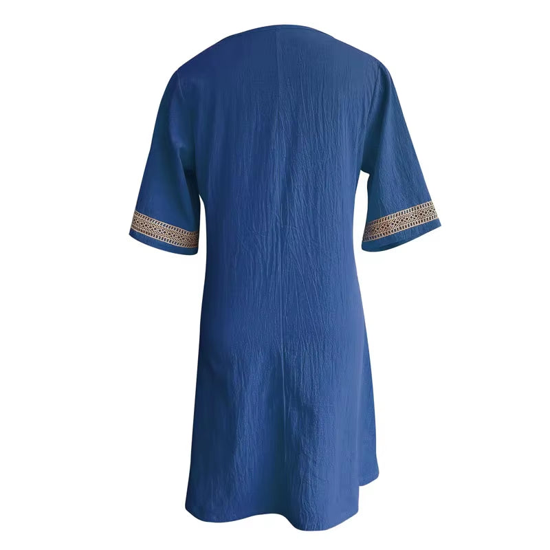Women Cotton Linen Dress 2025 Summer Sexy V-Neck White Dress Elegant Luxury Casual Solid Color Mid-Sleeve Female Y2K Streetwear