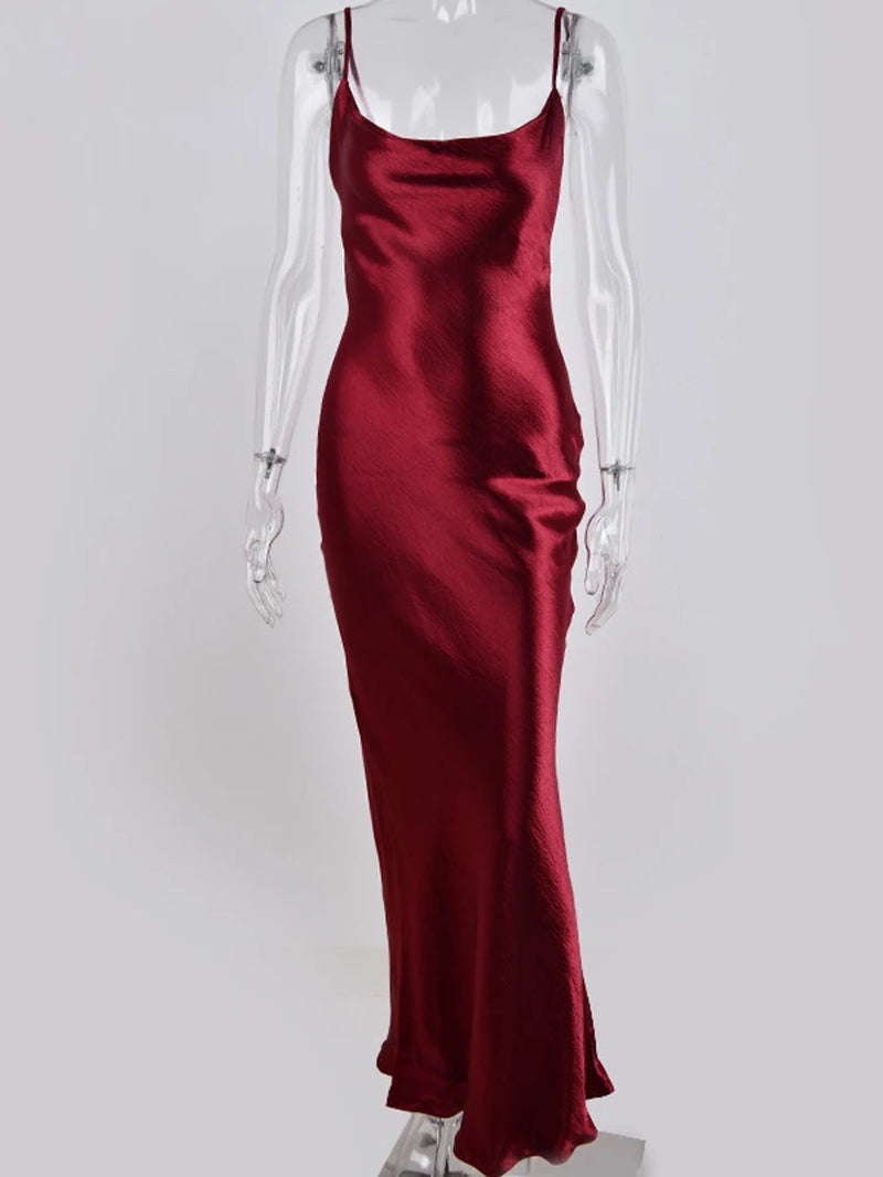 Sexy Spaghetti Strap Backless Maxi Dress Women Satin Lace up Trumpet Evening Dress Elegant Bodycon Party Dresses 2024