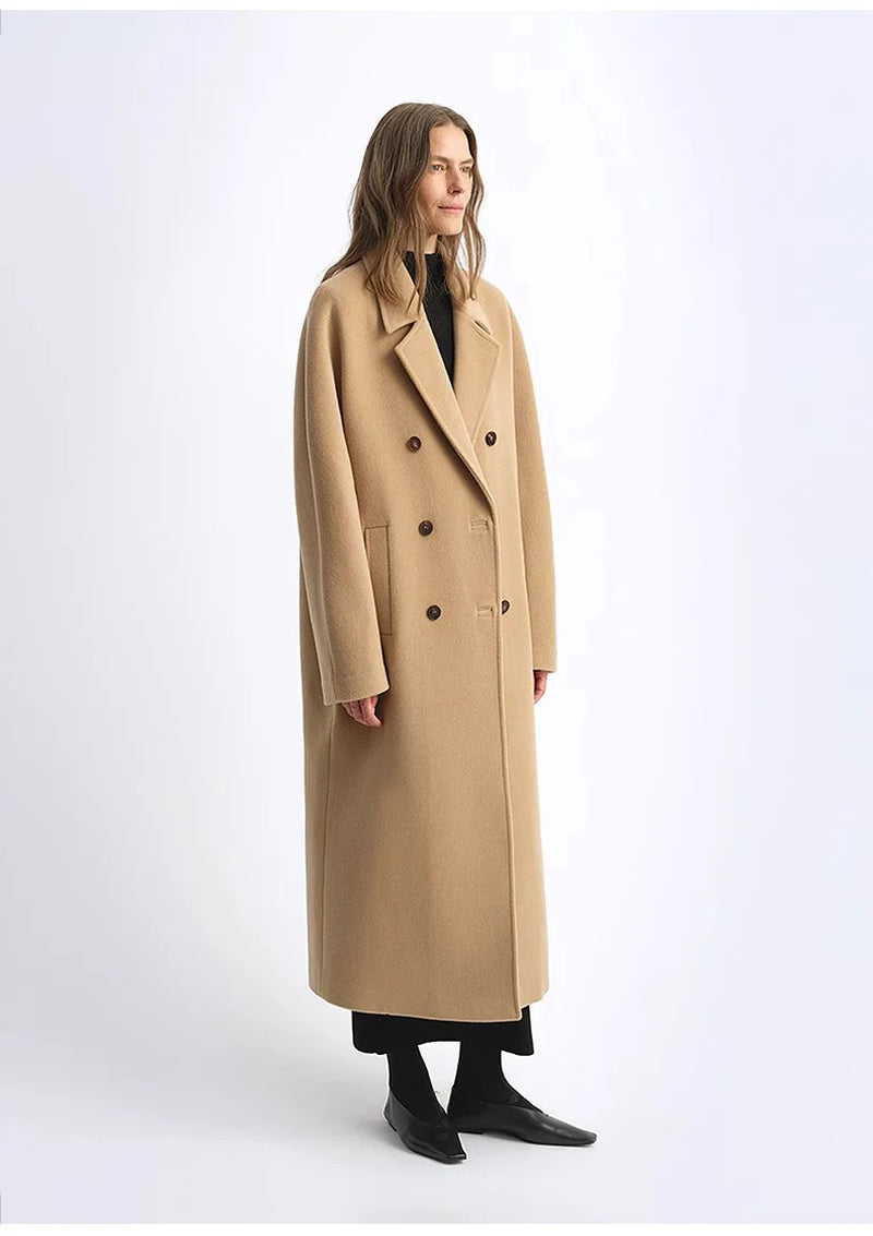 "Lonely Sandbank" Sheep Wool Cashmere Blend Classic Tie Shoulder Sleeve Double-Breasted Coat Jacket Women