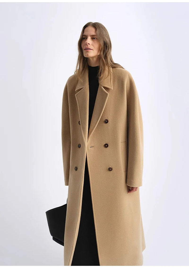 "Lonely Sandbank" Sheep Wool Cashmere Blend Classic Tie Shoulder Sleeve Double-Breasted Coat Jacket Women