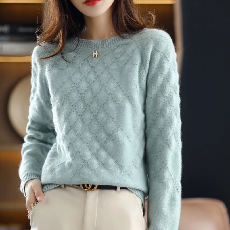 100%Pure Wool/Cashmere Sweater Women O-Neck Knit Large Size Petal Pullover Autumn Winter New Thick Long-Sleeve Shirt 2021 Female