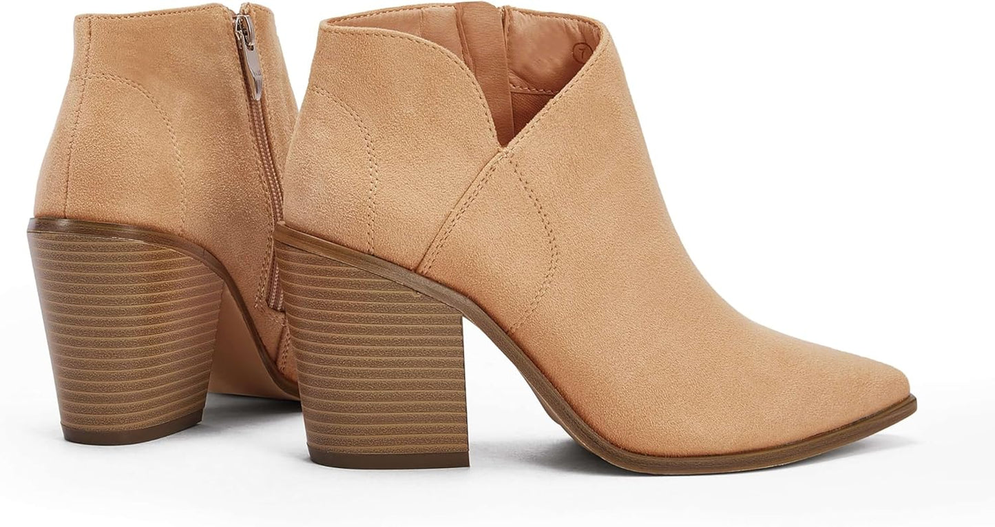 Womens Pointed Toe Ankle Boots Block Stacked Chunky Heel Cutout Side Zipper Fall Booties Shoe