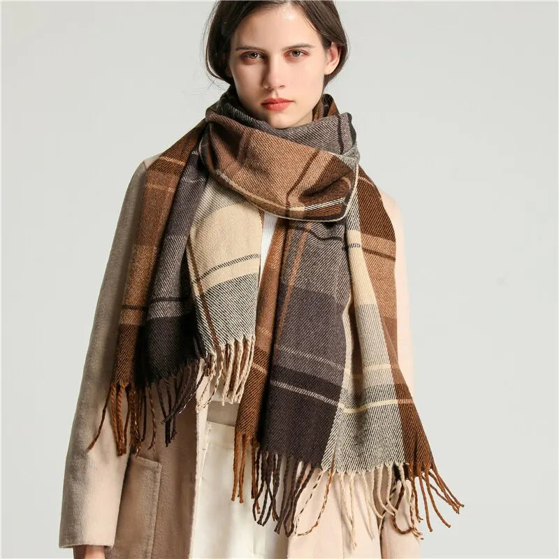 Luxury Plaid Print Warm Travel Scarf Women Cashmere Winter Pashmina with Tassel Shawl Wraps Bufanda Long Casual Echarpe New