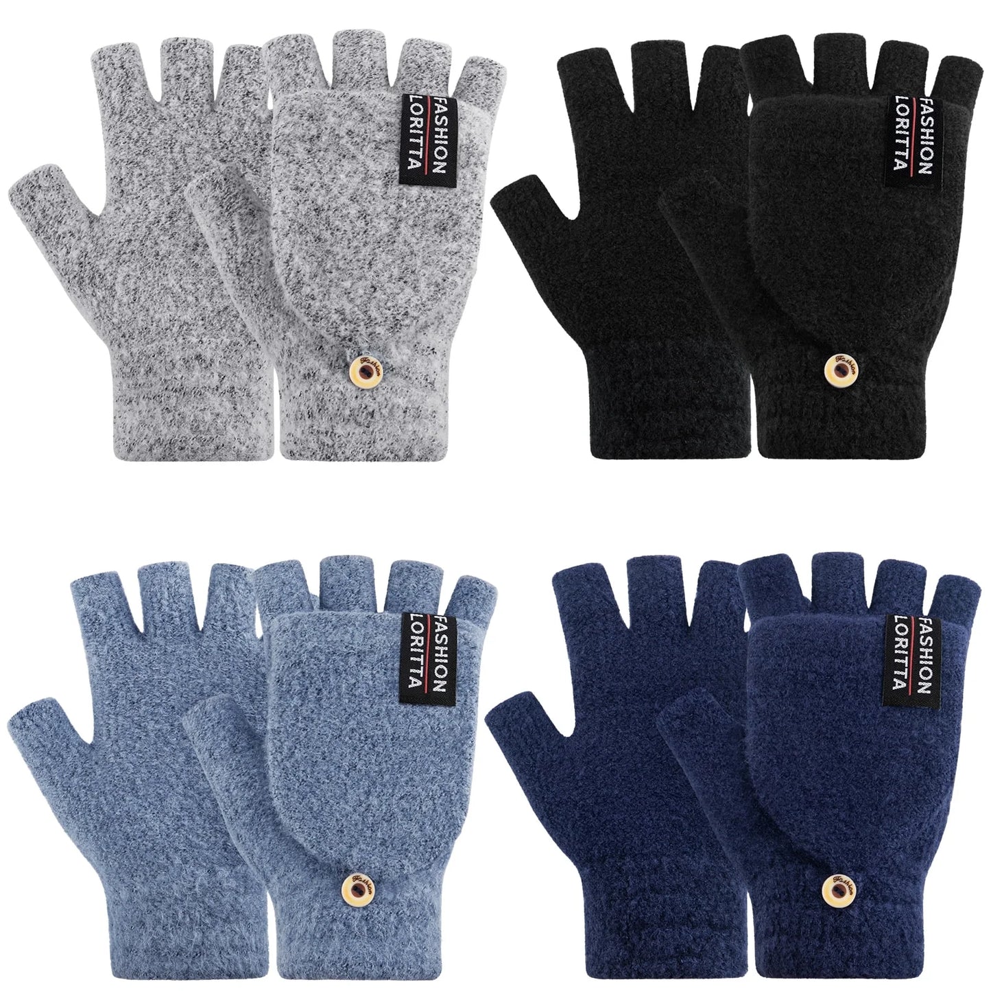 Womens Winter Gloves, 4 Pack Warm Knitted Fingerless Gloves for Women Men Black Gray Blue and Dark Blue