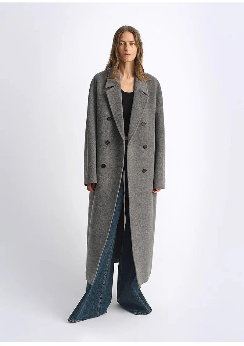 "Lonely Sandbank" Sheep Wool Cashmere Blend Classic Tie Shoulder Sleeve Double-Breasted Coat Jacket Women