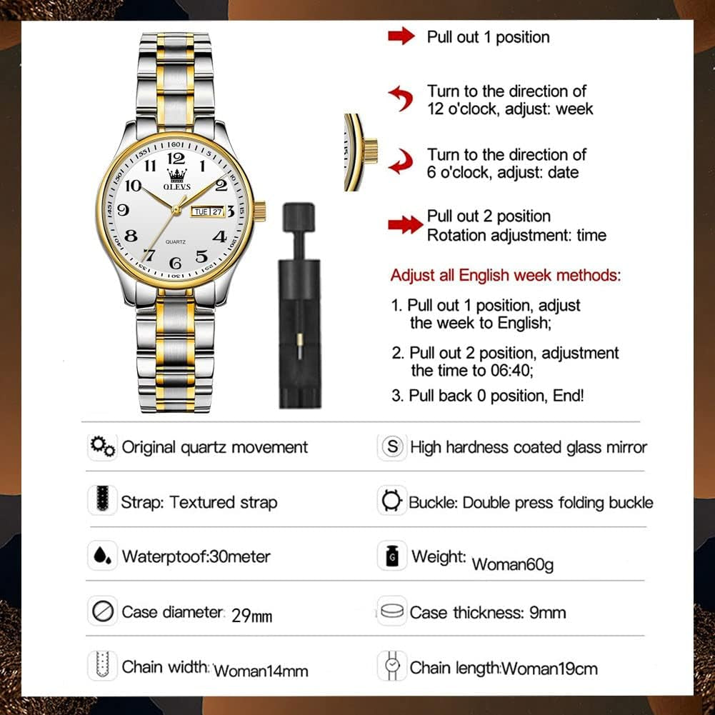 Luxury Ladies Watches,Women'S Watch with Day and Date,Female Watch for Small Wrist,Gold Stainless Steel Watches for Women,Easy Read Ladies Wrist Watches Waterproof(Adjustable Strap