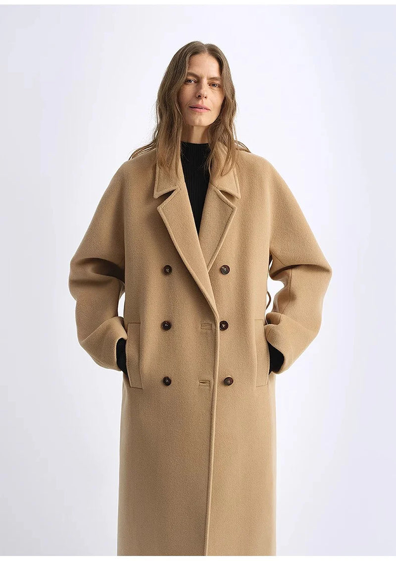"Lonely Sandbank" Sheep Wool Cashmere Blend Classic Tie Shoulder Sleeve Double-Breasted Coat Jacket Women
