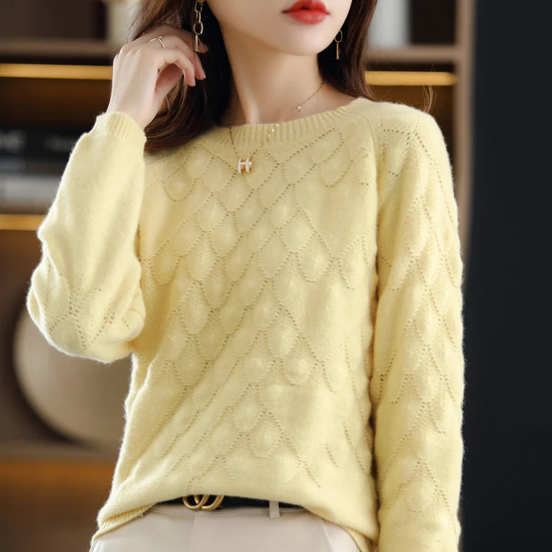 100%Pure Wool/Cashmere Sweater Women O-Neck Knit Large Size Petal Pullover Autumn Winter New Thick Long-Sleeve Shirt 2021 Female