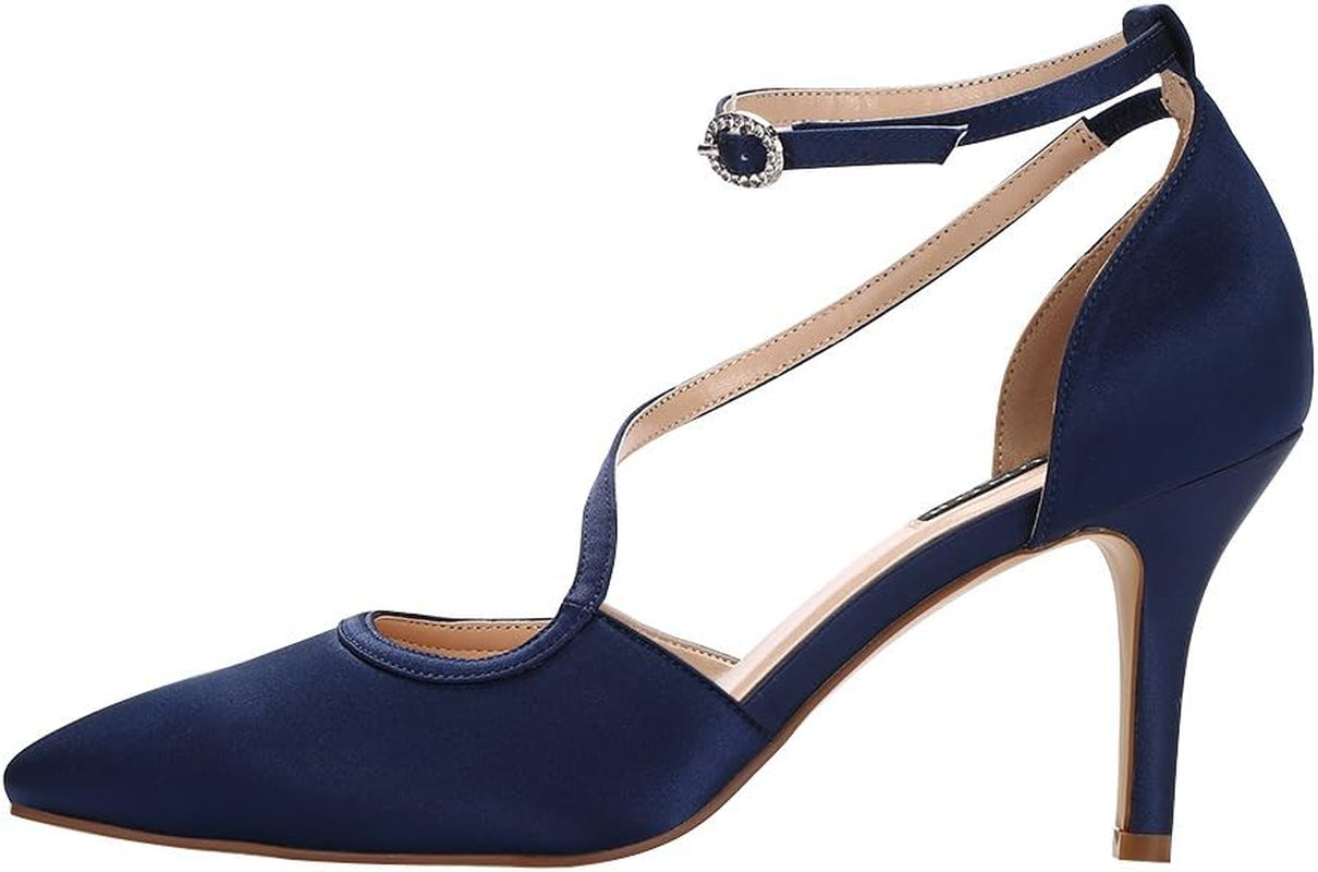 Women Comfortable Mid Heel Ankle Strappy Dress Pumps Pointed Toe Satin Wedding Evening Party Shoes