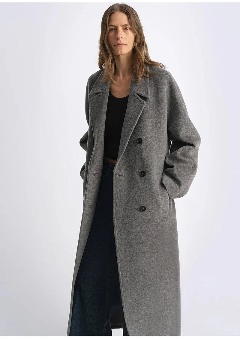 "Lonely Sandbank" Sheep Wool Cashmere Blend Classic Tie Shoulder Sleeve Double-Breasted Coat Jacket Women