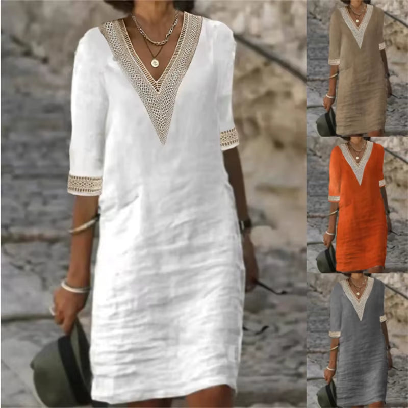 Women Cotton Linen Dress 2025 Summer Sexy V-Neck White Dress Elegant Luxury Casual Solid Color Mid-Sleeve Female Y2K Streetwear