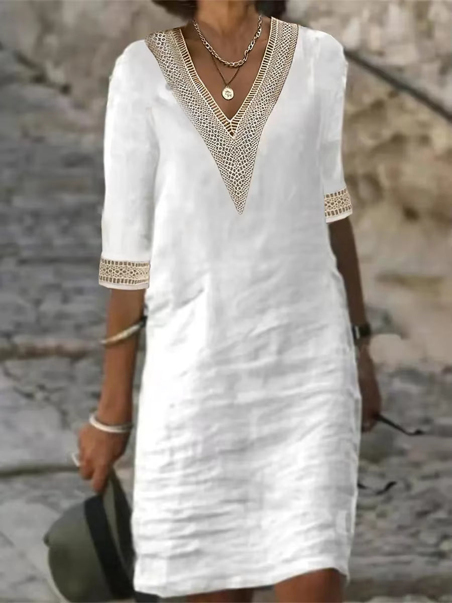 Women Cotton Linen Dress 2025 Summer Sexy V-Neck White Dress Elegant Luxury Casual Solid Color Mid-Sleeve Female Y2K Streetwear