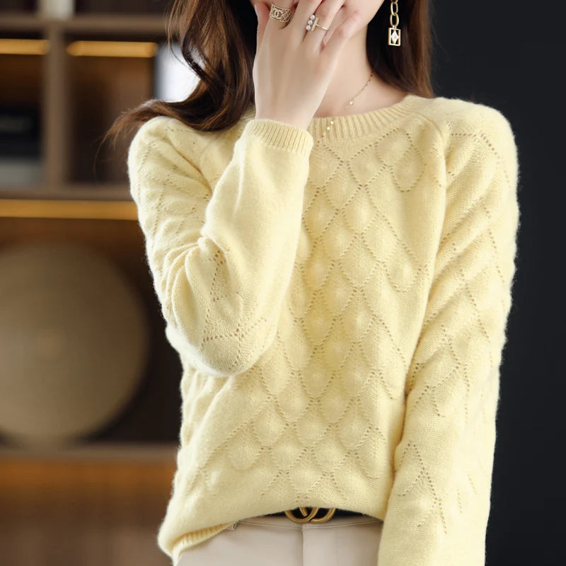 100%Pure Wool/Cashmere Sweater Women O-Neck Knit Large Size Petal Pullover Autumn Winter New Thick Long-Sleeve Shirt 2021 Female