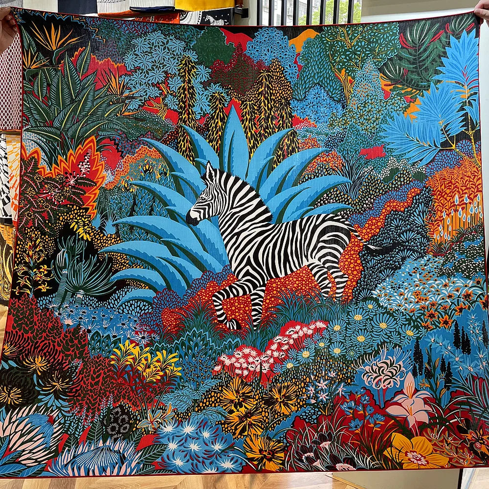 Silk Cashmere Scarf Women Hand Rolled Shawls Zebra Print Square Scarves Wraps Lady Bandana Big Hijabs Female Foulards