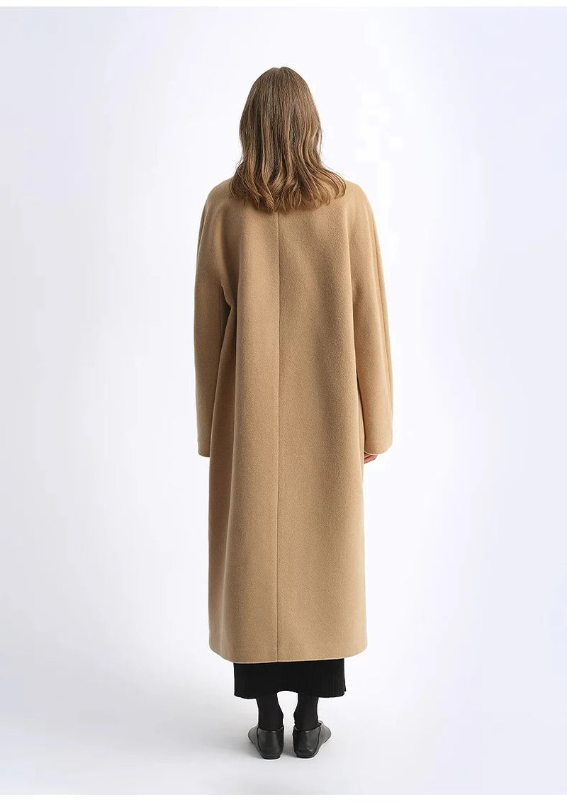 "Lonely Sandbank" Sheep Wool Cashmere Blend Classic Tie Shoulder Sleeve Double-Breasted Coat Jacket Women