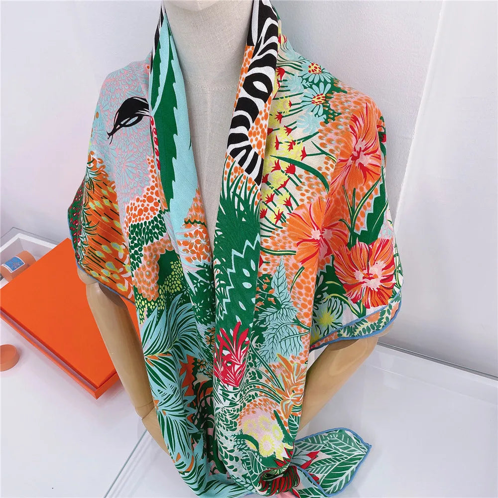 Silk Cashmere Scarf Women Hand Rolled Shawls Zebra Print Square Scarves Wraps Lady Bandana Big Hijabs Female Foulards