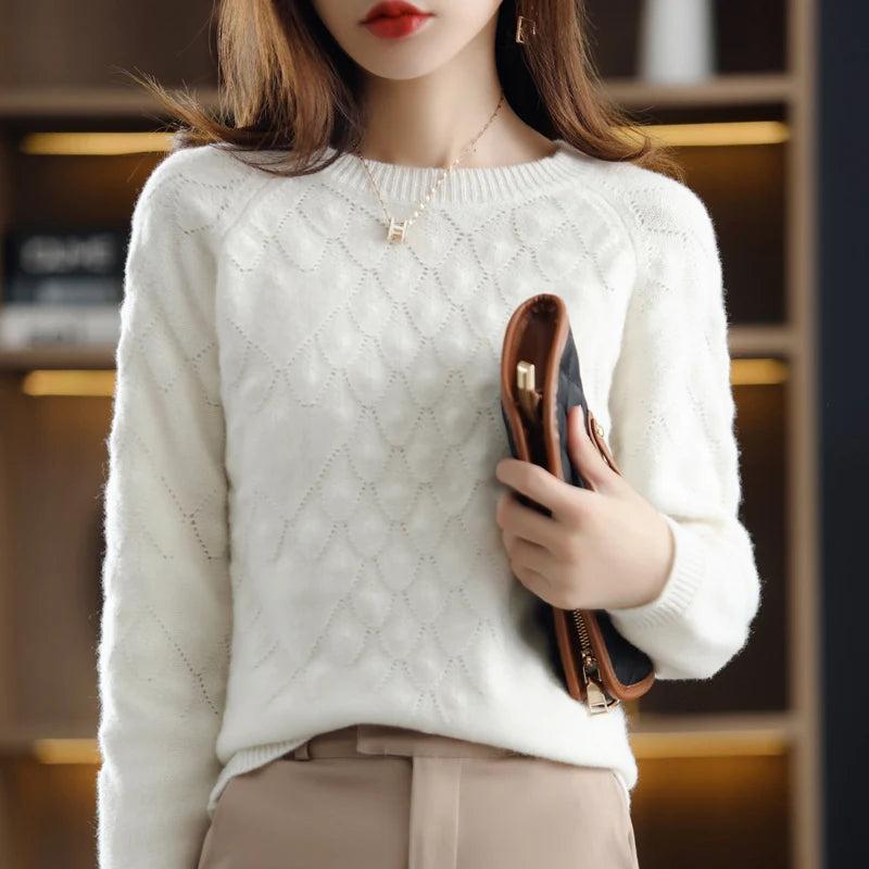 100%Pure Wool/Cashmere Sweater Women O-Neck Knit Large Size Petal Pullover Autumn Winter New Thick Long-Sleeve Shirt 2021 Female