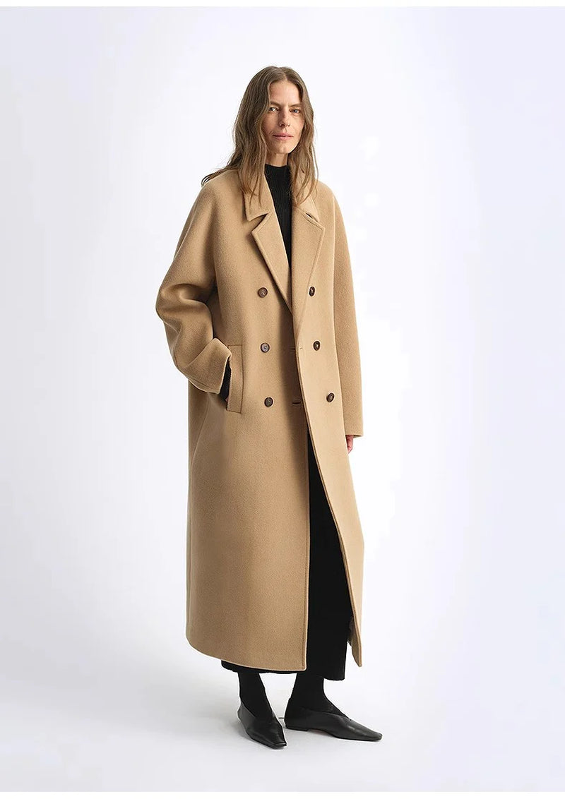 "Lonely Sandbank" Sheep Wool Cashmere Blend Classic Tie Shoulder Sleeve Double-Breasted Coat Jacket Women