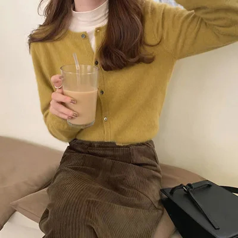 Cashmere Sweater Cardigan Women Single Breasted Long Sleeve Elegant Vintage Jumper Solid Wool Knitted Autumn Winter Outwear X452