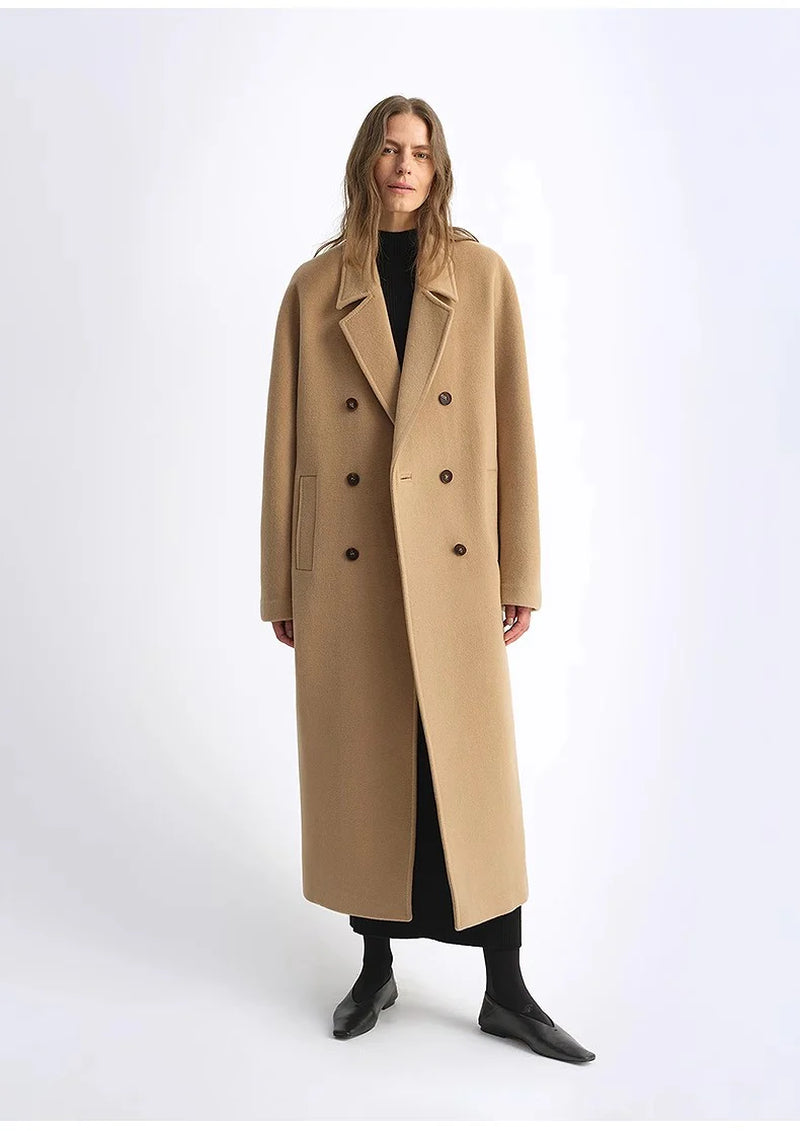 "Lonely Sandbank" Sheep Wool Cashmere Blend Classic Tie Shoulder Sleeve Double-Breasted Coat Jacket Women
