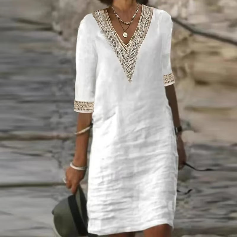Women Cotton Linen Dress 2025 Summer Sexy V-Neck White Dress Elegant Luxury Casual Solid Color Mid-Sleeve Female Y2K Streetwear