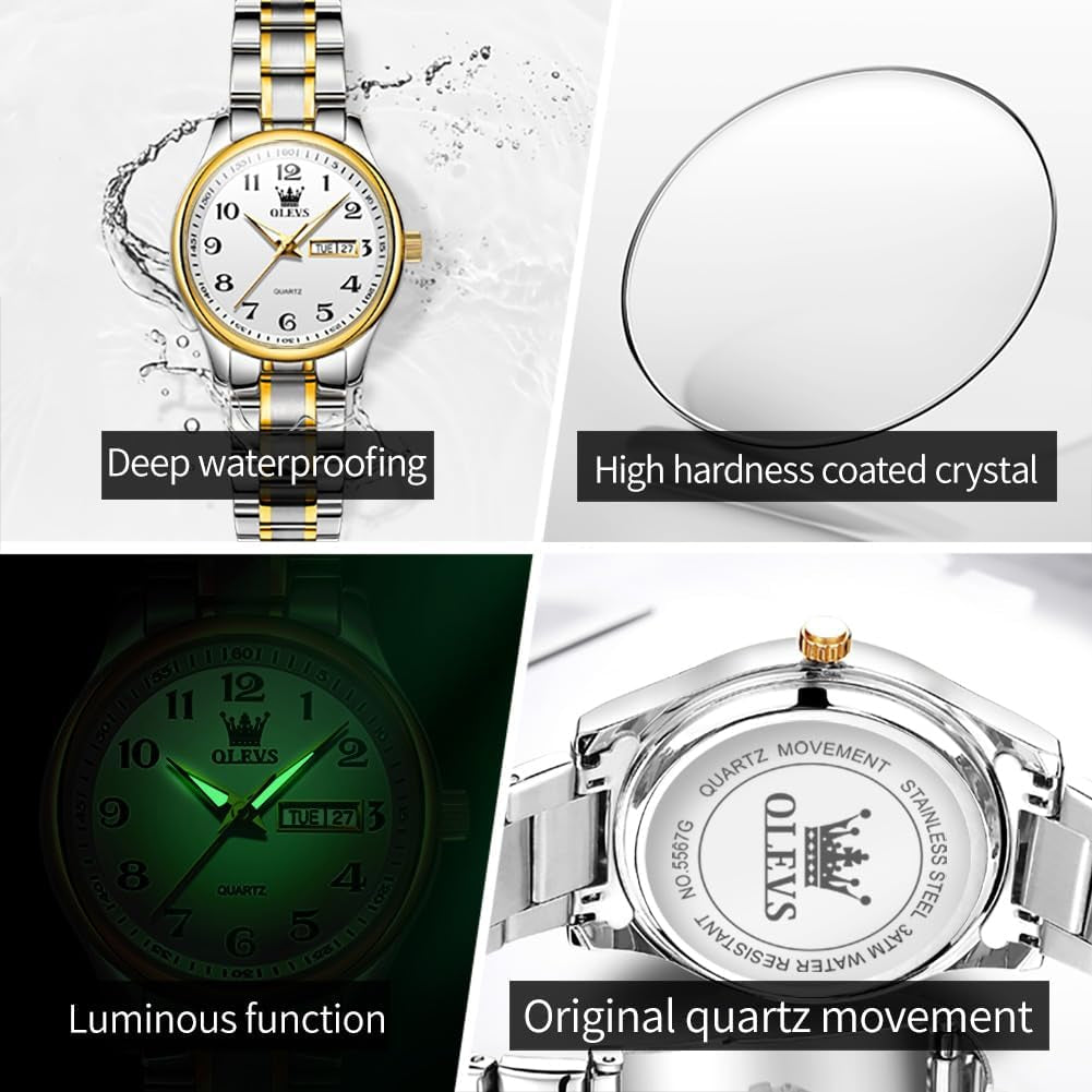 Luxury Ladies Watches,Women'S Watch with Day and Date,Female Watch for Small Wrist,Gold Stainless Steel Watches for Women,Easy Read Ladies Wrist Watches Waterproof（Adjustable Strap