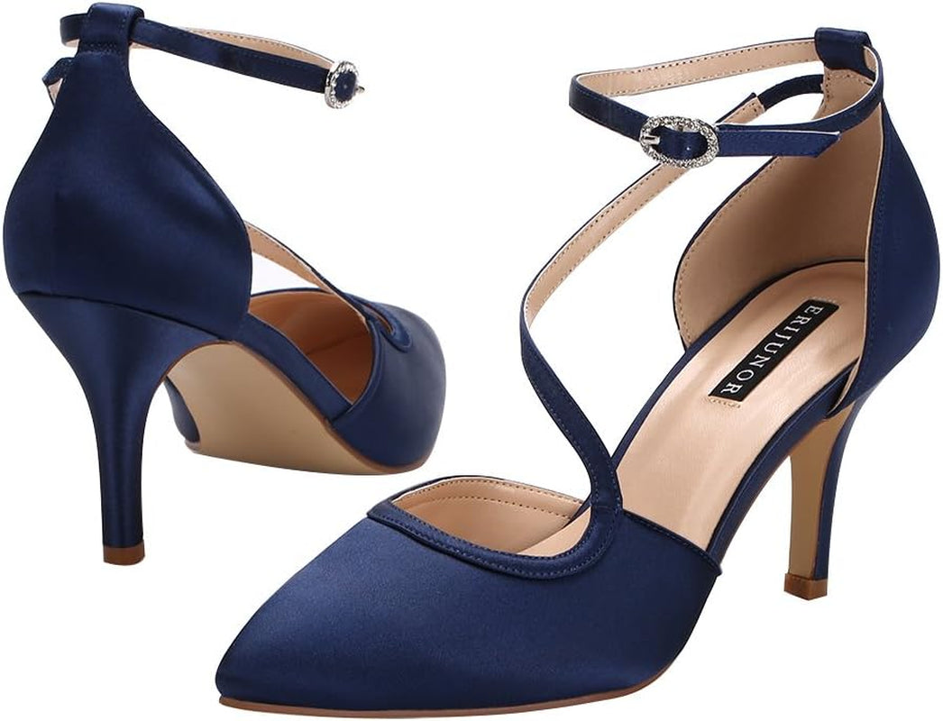 Women Comfortable Mid Heel Ankle Strappy Dress Pumps Pointed Toe Satin Wedding Evening Party Shoes