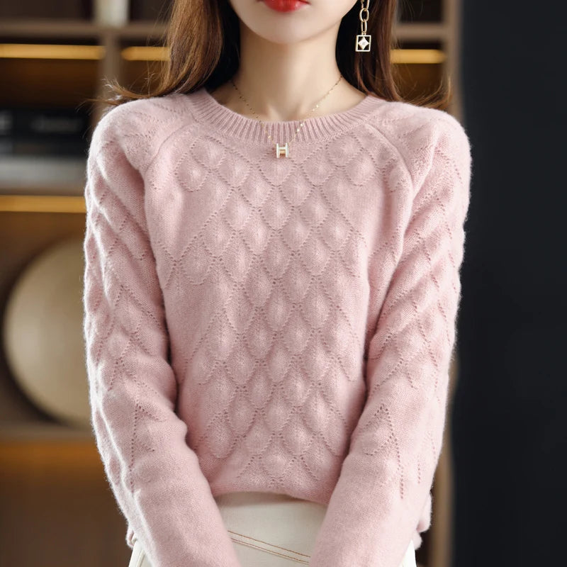 100%Pure Wool/Cashmere Sweater Women O-Neck Knit Large Size Petal Pullover Autumn Winter New Thick Long-Sleeve Shirt 2021 Female
