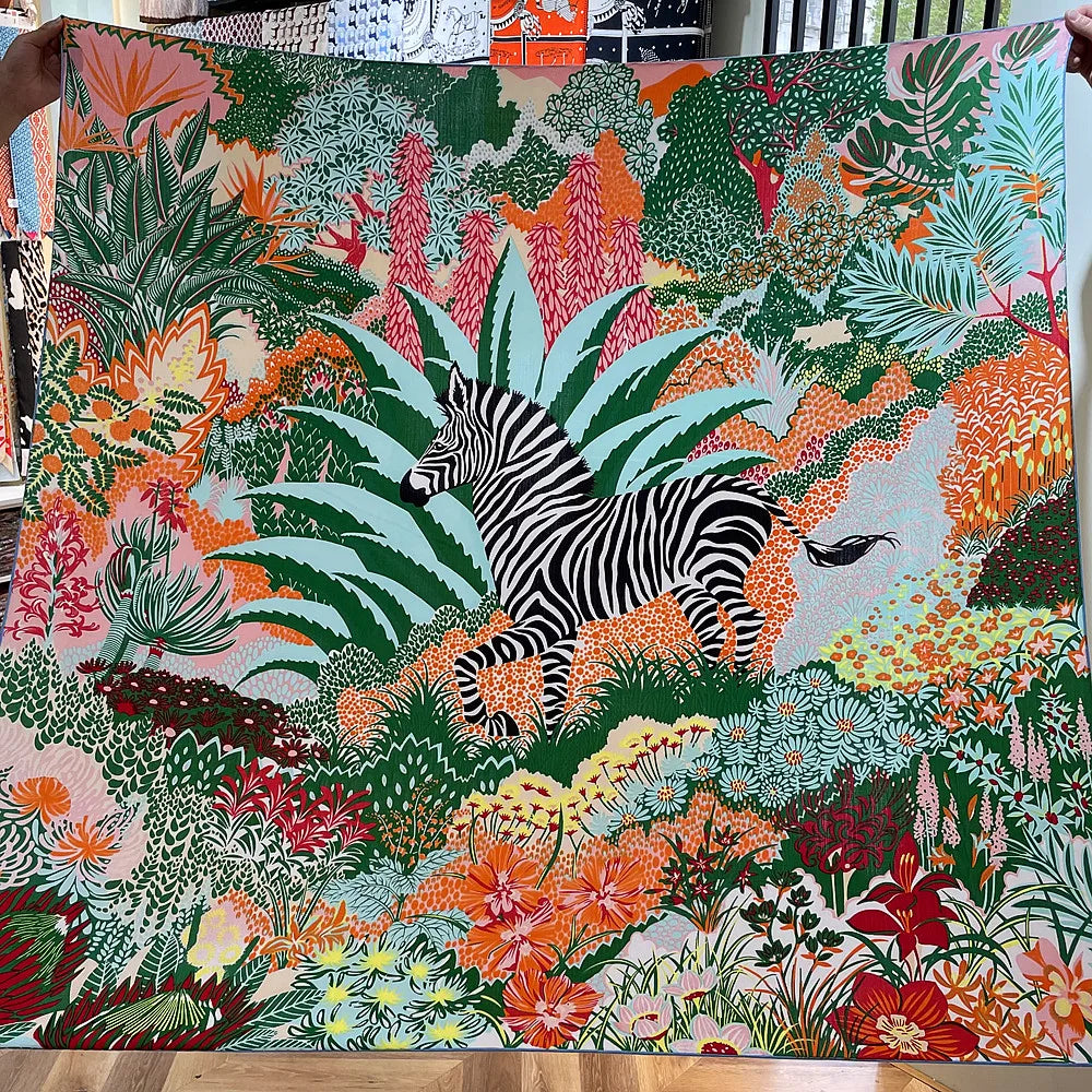Silk Cashmere Scarf Women Hand Rolled Shawls Zebra Print Square Scarves Wraps Lady Bandana Big Hijabs Female Foulards