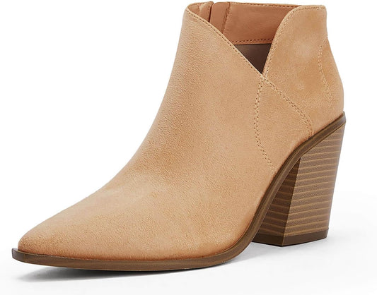 Womens Pointed Toe Ankle Boots Block Stacked Chunky Heel Cutout Side Zipper Fall Booties Shoe