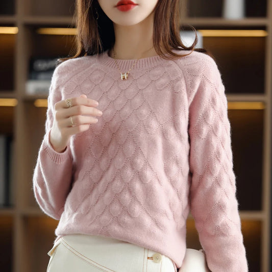 100%Pure Wool/Cashmere Sweater Women O-Neck Knit Large Size Petal Pullover Autumn Winter New Thick Long-Sleeve Shirt 2021 Female