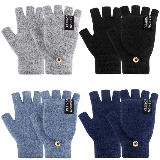 Womens Winter Gloves, 4 Pack Warm Knitted Fingerless Gloves for Women Men Black Gray Blue and Dark Blue