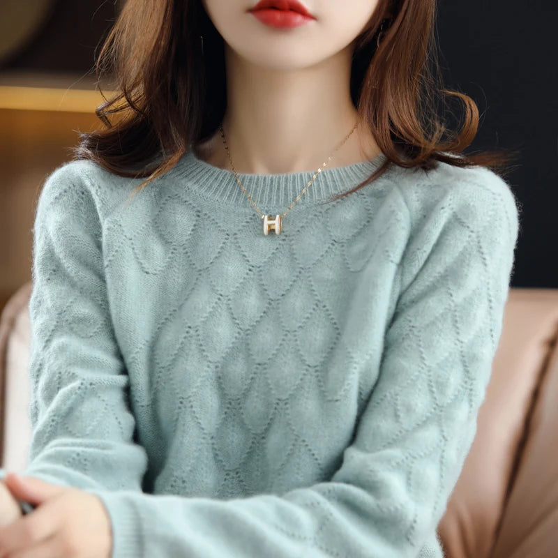 100%Pure Wool/Cashmere Sweater Women O-Neck Knit Large Size Petal Pullover Autumn Winter New Thick Long-Sleeve Shirt 2021 Female