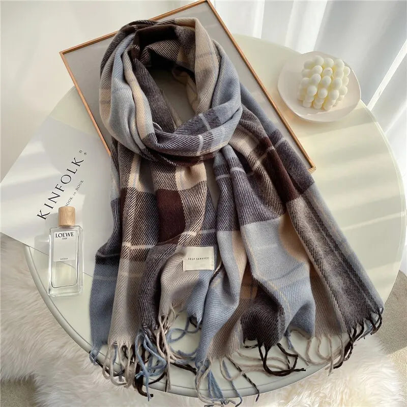 Luxury Plaid Print Warm Travel Scarf Women Cashmere Winter Pashmina with Tassel Shawl Wraps Bufanda Long Casual Echarpe New